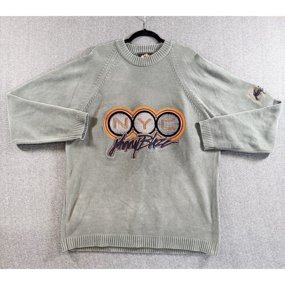 Johnny Blaze Sweater Men's XL Gray NYC Embroidered Hip Hop Pullover Streetwear